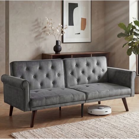 Canapé 2 places convertible en velours gris, dossier réglable 5 positions, couchage d’appoint, montage facile (1/5)