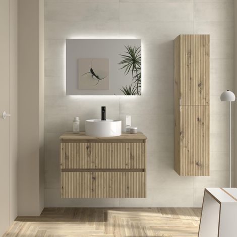 Meuble de salle de bain KIRA Chêne 80cm 2 tiroirs Vasque à poser 1 vasque Porcelaine (1/5)