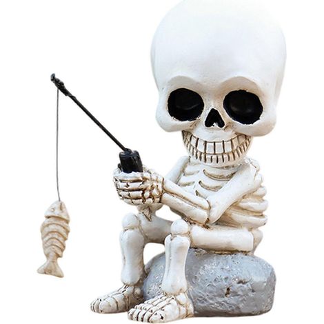 Statue de squelette de pêcheur pour décorations d'Halloween, figurine en résine Spookys pour la décoration de bassin de jardin ou de maison (1/4)