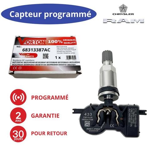 Sensore TPMS - 68252493AA/68252493AB - 433 MHz - Preprogrammato per veicolo - Batteria 5 anni