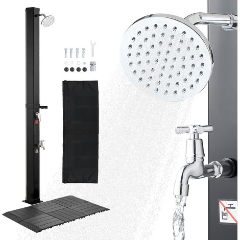 VEVOR Ducha Solar 35 Litros 195 cm, Ducha Solar Exterior con Suelo y Grifo de Pedal, Cabezal Giratorio 360° Ajuste de Agua Fría y Caliente hasta 60 °C, PVC Reforzado, para Piscina Jardín Playa, Negro