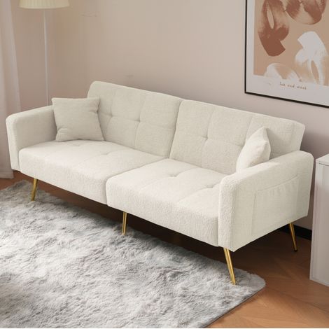 Canapé convertible in tessuto sherpa bianco 175x64x72 cm con dossier regolabile e tasche laterali (1/5)
