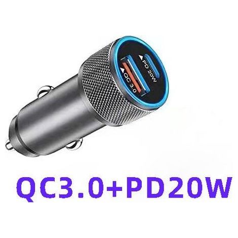 USB-Autoladegerät, USB-C-PD-20W-Schnelllade-Autoladegerät, USB-A-QC3.0-Vollmetall-USB-Autoladegerät für iPhone 13 12 Huawei LG. (1/3)