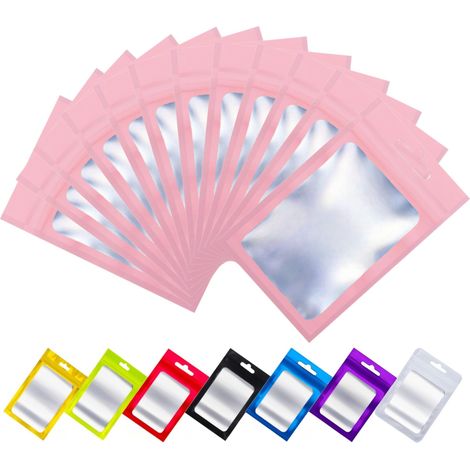 50 Pcs Sachets Zip Aluminium Refermables avec Fenêtre, Pochons Zip Hermétiques avec Trou de Suspension, Sachet Plastique Zip pour Emballage et Stockage des Aliments, Objets (Rose, 7,5x12cm) (1/5)