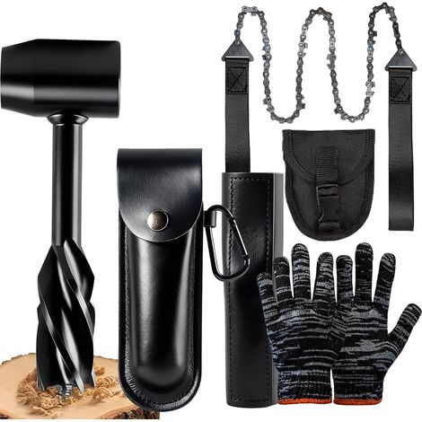 Tariere Manuelle Bois avec Étui en Cuir Tarière Manuelle Polyvalente Scie a Main a Chaine et Gants de Travail Outil de Survie pour la Randonnée, le Camping et les Aventures, Bushcraft, Noir (1/5)