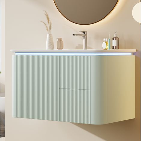 Mueble bajo lavabo, 80,5×47,5×51 cm, verde, con iluminación de sensor radar LED, cajones silenciosos, diseño antichoque y lavabo integrado (1/5)