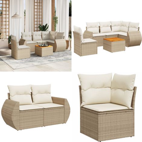 6-tlg. Garten-Sofagarnitur mit Kissen Beige Poly Rattan - Gartensorte - Gartenmöbelset - Esstischgarnitur - Outdoor Möbel - Lounge Set - Home & Living (1/5)