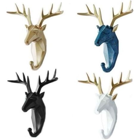 4 pièces Tête de Cerf Décoration Murale Moderne Résine Animal Crochet Cadeau Créatif Maison Salon Chambre Bijoux Affichage Clé Écharpe Sac Porte-Manteau Rack (Blanc, Or, Bleu, Noir) (1/5)