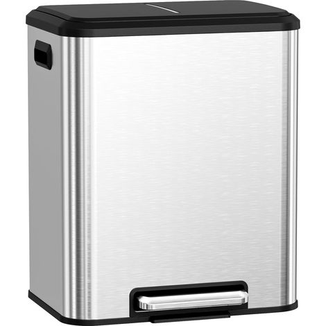 2-Compartment Pedal Bin, Metal Pedals, 2 x 15L, Recycling Bins, Kitchen Bin, Silver (1/5)