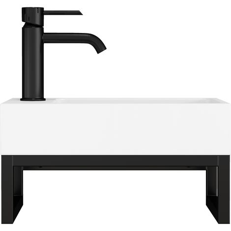 Lavabo mural mini de cerámica blanca mate con estructura metálica y rebosadero MODENUIT (1/5)