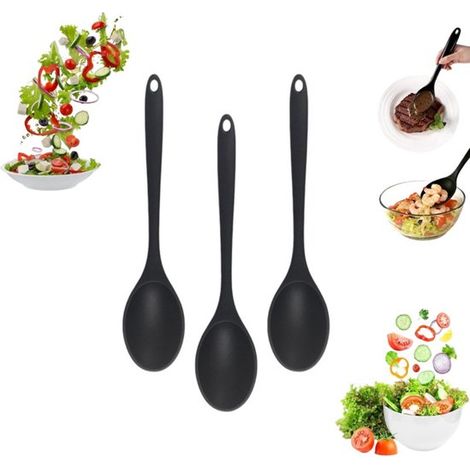 6 cucharas de silicona para cocinar, Cuchara de mango largo, Cuchara anti, Cuchara negra antiadherente para remover, Mango de 27 cm de largo (1/5)