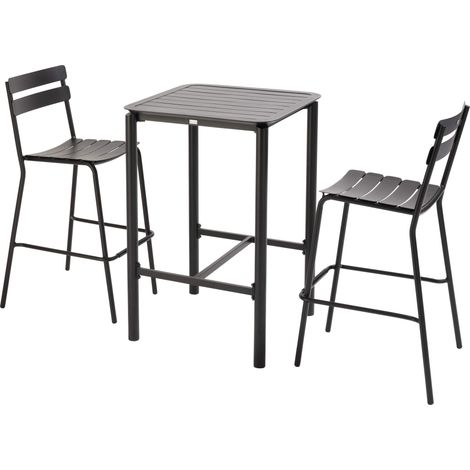 Table haute de terrasse avec 2 chaises en aluminium noir