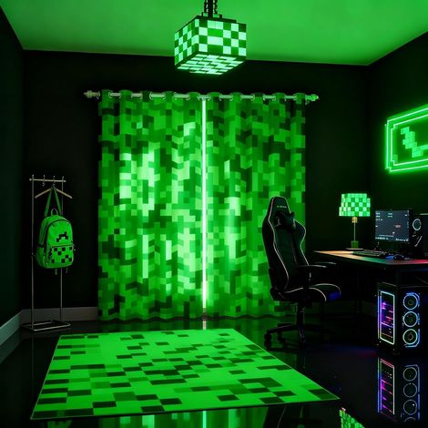 Rideaux de Mineurs Pixelisés Verts pour Gamers, Rideaux Occultants Jeux Vidéo, Décoration Chambre Enfants Garçons Filles Adolescents, Traitement Manette de Jeu Dessin Animé Géométrique - 117L X 137H c (1/5)