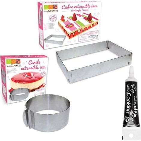 2 cadres pâtisserie extensibles cercle & rectangle + Stylo glaçage noir