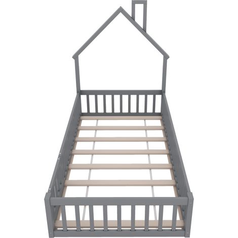 Cama casita infantil 90 x 200 cm con techo chimenea, pino y MDF, gris, con somier de láminas (1/5)