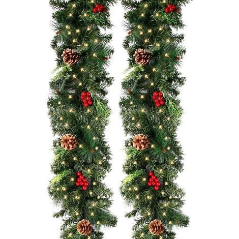 270 cm künstliche Weihnachtsbaumgirlande mit 50 LEDs, 230 Köpfen, Tannenzapfen und roten Früchten, Weihnachtsbaumkranz für Kamintür-Treppenhaus-Dekoration (270 cm, Girlande mit LED)