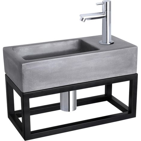 Differnz Ravo kit lave-mains - 38.5x18.5x25cm - Rectangulaire - 1 trou de robinet - Robinet chromé droit - avec cadre noir - béton gris foncé (1/5)