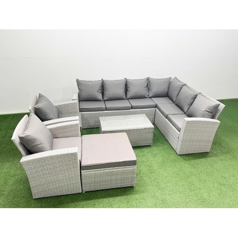 Fimous Garden Outdoor PE Rattan Furniture Set 9 Seater Rattan Garden Sofa Set with Big Footstool Light Grey Mixed (1/4)
