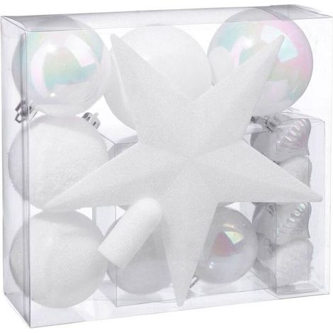 Juego de decoración para árbol de Navidad - AIMOONSA - Blanco 20 cm - 18 piezas - acabados mate/brillantes/con purpurina - bolas Ø8/6/4 cm (1/2)