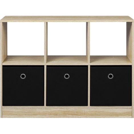 Étagère de sol à cases avec 3 tiroirs en tissu 80 x 30 x 61 cm, chêne clair et noir, MODENUIT (1/5)