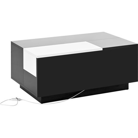 Tavolino da salotto nero e bianco lucido con LED, piano estraibile e vano contenitore nascosto, MDF (1/5)