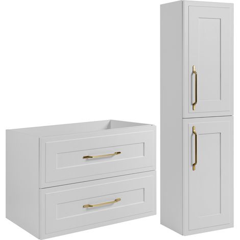 Rodan Badschrank 140 cm, Schwarz Matt und Holz, 46 x 140 x 57 cm, geriffelte Türen, braune Platte, mit Badregal, feuchtraumgeeignet
