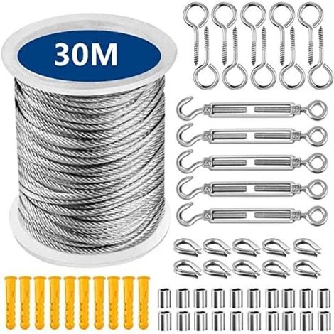Juego de cables de acero, 30 m, Alambre de acero, ojales y fijaciones de acero inoxidable, Núcleo de acero inoxidable, Sistema de enrejado (1/5)