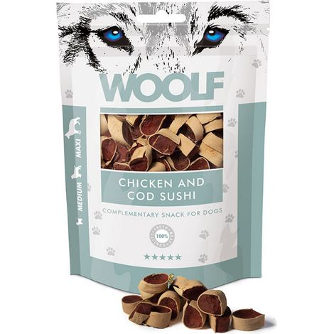 Friandises naturelles pour chiens Woolf, saveur sushi poulet cabillaud, 100 g (1/2)