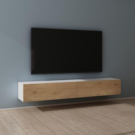 Mai & Mai Fernsehtisch Fernsehschrank TV Schrank Verdeckter Griff mit Soft-Close Lowboard Hängeschrank für Wohnzimmer in Matt Weiß + Kerneiche BTH: 200x40,2x30 cm Fernsehschrank02 (1/5)