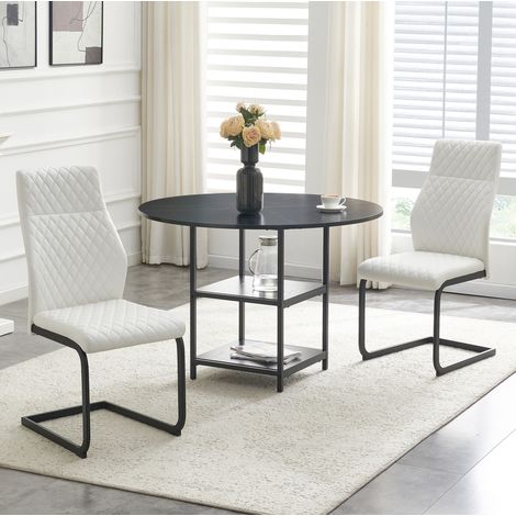Ensemble table à manger ronde 107 cm avec 2 chaises et double rangement, MDF métal noir blanc (1/5)