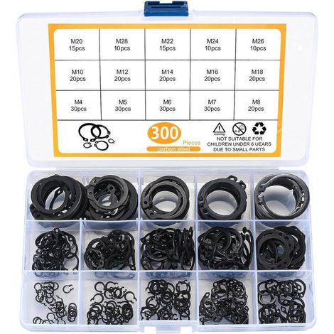Kit de 300 anillos de retención externos de acero inoxidable – tamaños M4 a M28, para un montaje mecánico preciso y duradero. (1/4)