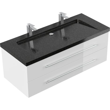 Badmöbel Granit Galaxy Black Damo 130 cm 2 Hahnlöcher SoftClose weiß hochglanz