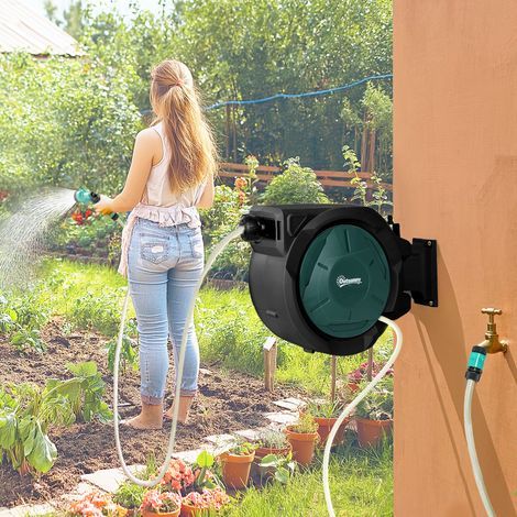 Wandmontierte Schlauchtrommel 30 m x Ø 15 mm, automatischer, einziehbarer Wasserschlauchspender, Grün