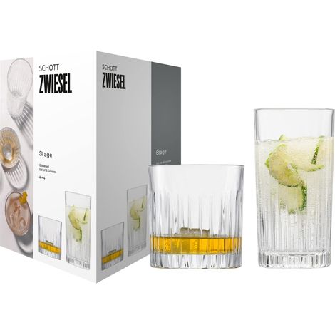 Set de verres Stage (set de 8), 4 verres à long drink rectilignes et 4 verres à whisky avec relief, verres en cristal lavables au lave-vaisselle (art. n° 121882)