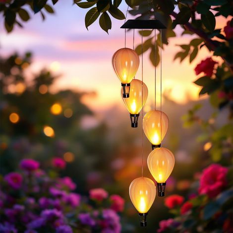 Solar LED Windspiel mit 5 beleuchteten Heißluftballons - 82 cm - Garten Lichtspiel mit Flammen Effekt in warm weiß