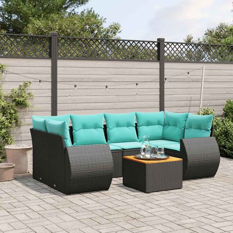 7-teiliges Gartensofa-Set mit Kissen, schwarzes Polyrattan (1/5)