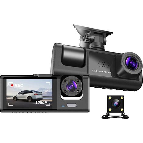 Dashcam 3 Canaux 1080P – Caméra Avant Intérieure Arrière – Vision Nocturne WDR – Caméra de Recul – Enregistrement en Boucle