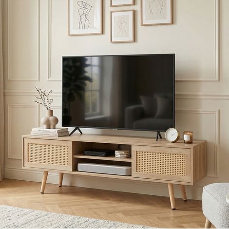 Mueble TV 140x40x45 cm color madera natural MDF con 2 puertas correderas (1/5)