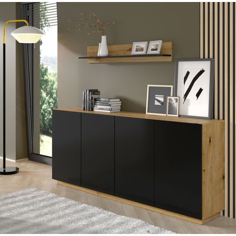 Commode AURA 4D 198x41x89 cm, Sideboard avec 4 portes, commode pour salon, grand espace de rangement, moderne, sans poignées, chêne artisan/noir mat (1/5)