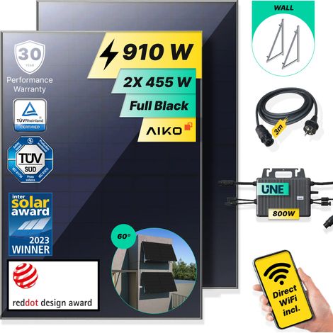 ROBINSUN®️ Kit Solar Enchufable Performance Wall-60 910Wp, 2 paneles Aiko 455Wp + 1 Microinversor 800W con Wifi incluído +Cable 3m + 2 Fijaciones 60º (1/5)