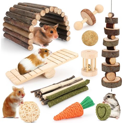 Hamster Chew Toys, Guinea Pig Hamster Cage Accessories, Small Animals Chew Toys for Chinchillas, Gerbils, Rabbit, Rabbit Hideout (12 Different Chew Toys) (1/5)