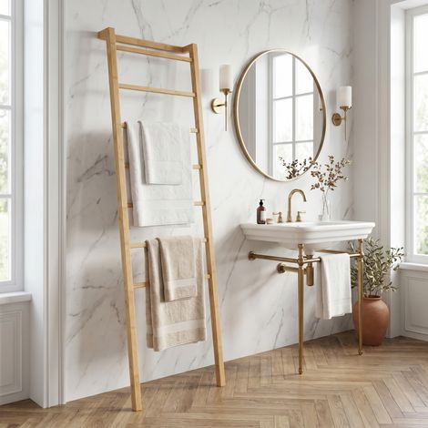 URBAN MEUBLE Échelle Porte-Serviettes en Bambou à 7 Barreaux, Porte-Vêtements Incliné, Naturel