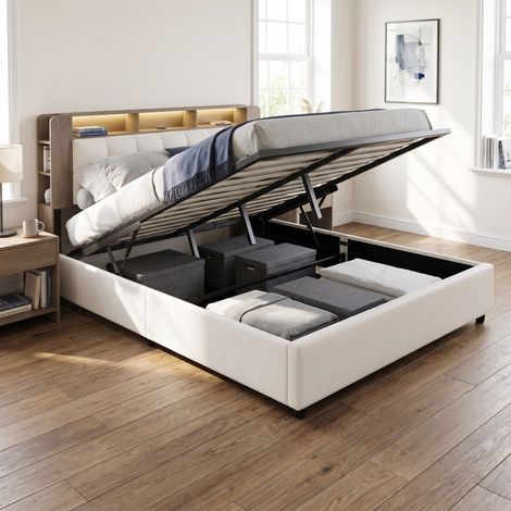 Lit coffre double 140x200 cm en velours, lit adulte avec LED et étagères, tête de lit avec rangement, style moderne, Blanc (1/5)