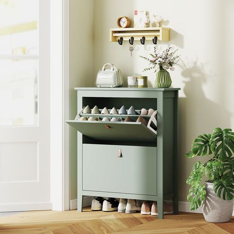 Armoire à chaussures fine 2 tiroirs 14 paires chaussures taille EU44 étagères réglables - Dimensions: 80x24x95,5 cm - Couleur: Vert