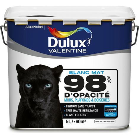 Peinture Blanche 98% Monocouche - Mat 5L - pour Murs Boiseries et Plafonds - Dulux Valentine