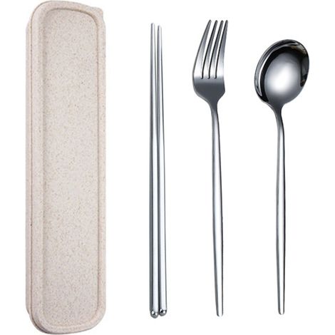 Couverts De Voyage - Fourchette Cuillère Baguettes En Acier Inoxydable - Kit Portable Pour Pique-Nique Camping Voyage - Lot De 4 Pièces (1/5)