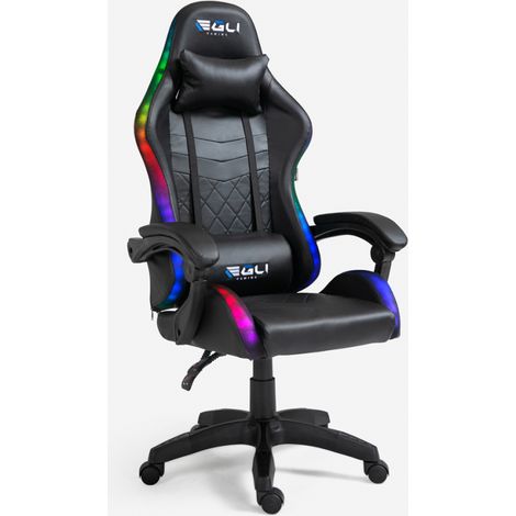 Sedia poltrona gaming LED RGB ergonomica ufficio cuscino lombare poggiatesta The Horde