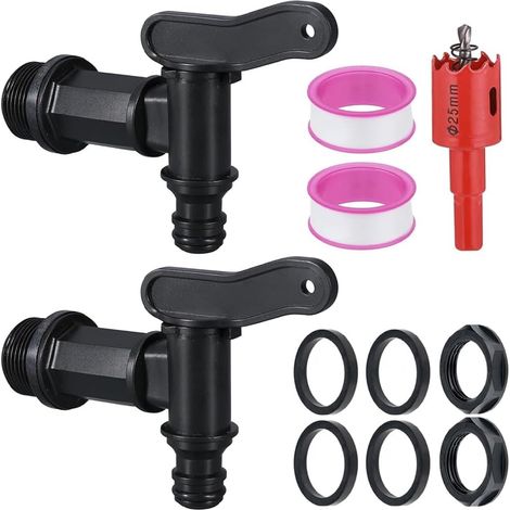 Robinet de sortie pour réservoir de pluie, adaptateur de robinet (noir) Robinet en plastique pour réservoir de pluie, robinet de vidange avec ouvre-trou pour tonneau de pluie, réservoir d'eau (1/5)