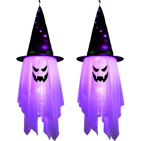 Halloween-Geistdekoration für Außen und Innen, 2 Stück Gruselige schwebende Geister mit LED, Halloween-Dekoration mit leuchtenden Hexenhüten, Halloween-Geist-Hüte für Partys, Garten, Baum