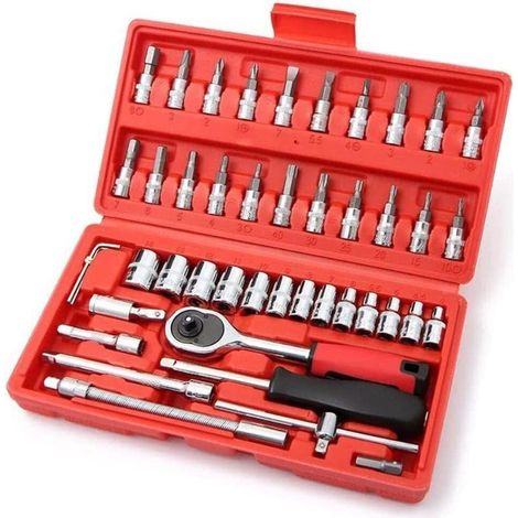 Jeu de clés à douille 1/4", 46 pièces douilles de lecteur et tournevis avec clé à cliquet pour outils de réparation de voiture et vélo (taille unique – 46 pièces) (1/5)